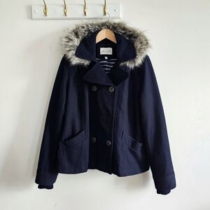 dELiA*s Navy Wool Peacoat Faux Fur Hood Anchor Buttons Women’s XL